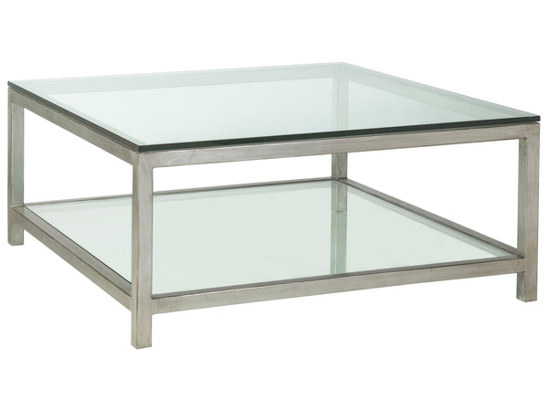 Lexington Artistica Home Per Se Square Cocktail Table - Handcrafted Iron Design With Elegant Glass Top And Inset Shelf Silver Leaf Wood 2013-947-47