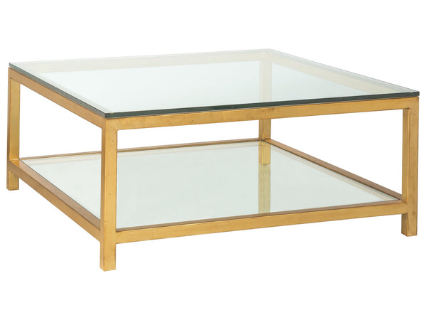 Lexington Artistica Home Per Se Square Cocktail Table - Handcrafted Iron Design With Elegant Glass Top And Inset Shelf Gold Leaf Wood 2013-947-48