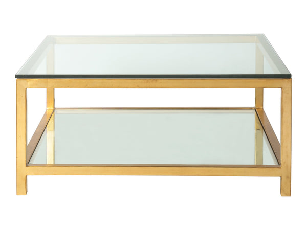 Lexington Artistica Home Per Se Square Cocktail Table - Handcrafted Iron Design With Elegant Glass Top And Inset Shelf Gold Leaf Wood 2013-947-48