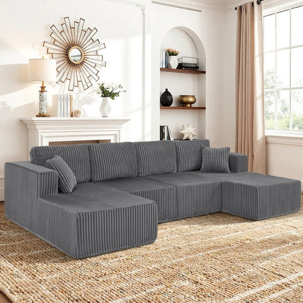 English Elm U-shaped Modular Corduroy Sectional Sofa Sleeper Spacious Living Room Lounge Couch Dark Gray W487S00427