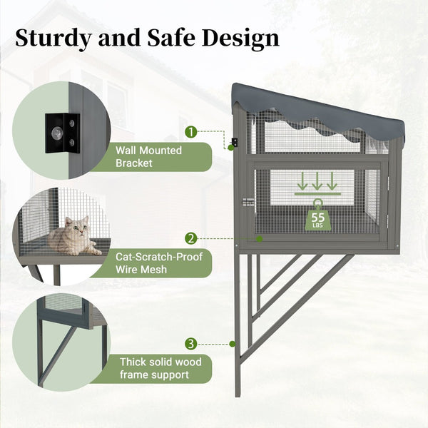 English Elm Cat Catio Window Box Enclosure Solid Wood Frame Mesh Panels Weatherproof Outdoor Perch W3166P354629