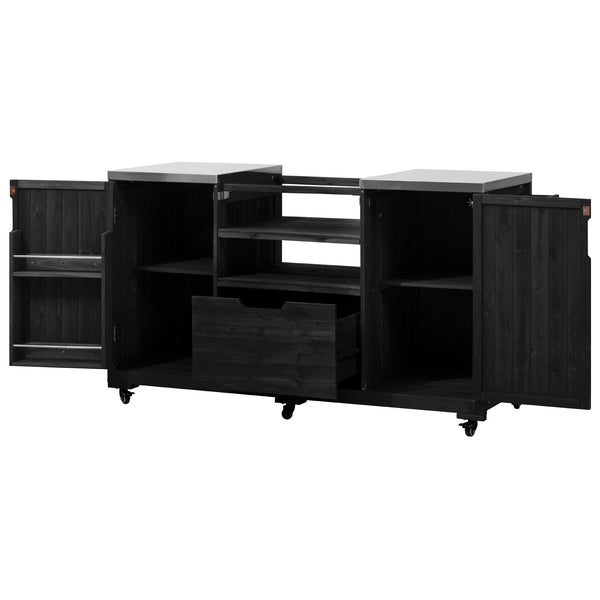 English Elm K&K 66.5" Outdoor Kitchen Island with 1.2" Stainless Steel Top, Ample Storage, Wheels & Bottle Opener Black N707P250629B