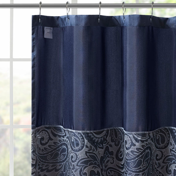 JLA Home Madison Park - Jacquard textured paisley shower curtain with contrasting top stripe, durable polyester, machine washable Navy MP70-6459
