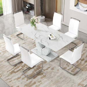 English Elm Table Modern Marble Pattern Dining Set - 71"X35.4" Glass Table With 6 Elegant White Pu Chairs W1151S02114-GIGA