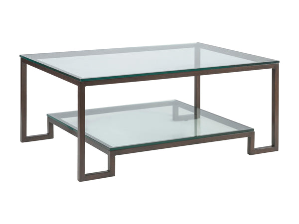 Lexington Artistica Home Bonaire Elegant Rectangular Cocktail Table - Handcrafted Iron Design With Polished Glass Top & Shelf Antique Copper Wood 2016-945-43