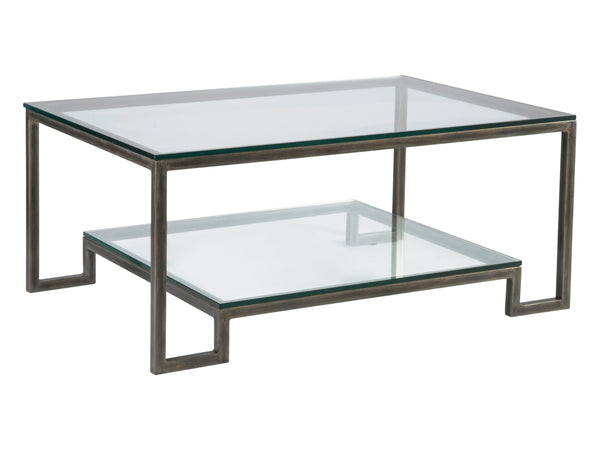 Lexington Artistica Home Bonaire Elegant Rectangular Cocktail Table - Handcrafted Iron Design With Polished Glass Top & Shelf St. Laurent Wood 2016-945-44