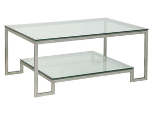 Lexington Artistica Home Bonaire Elegant Rectangular Cocktail Table - Handcrafted Iron Design With Polished Glass Top & Shelf Silver Leaf Wood 2016-945-47