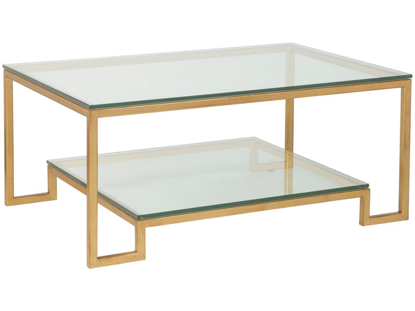 Lexington Artistica Home Bonaire Elegant Rectangular Cocktail Table - Handcrafted Iron Design With Polished Glass Top & Shelf Gold Leaf Wood 2016-945-48