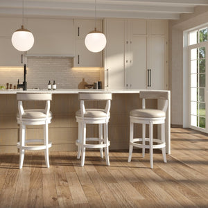 English Elm 31" Swivel Barstool Linen Upholstered Seat Nailhead Trim Warm Wood Kitchen Island White B2751P436449
