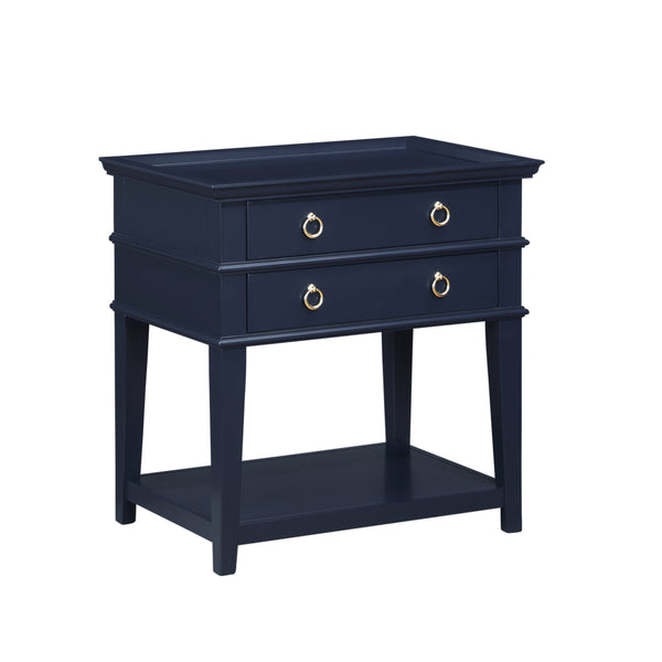 English Elm Carmona Midnight Blue Tray Top Nightstand with Two Drawers, Open Shelf, Brushed Gold Ring Pulls Dark Blue B050P376935