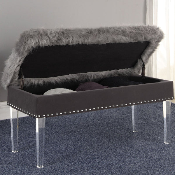 English Elm 20" Plush Gray Horice Mid-Century Tufted Storage Bench with Faux Fur, Acrylic Legs & Nailhead Trim, 45"L B072P222453