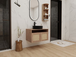 English Elm 30" Floating Bathroom Vanity Oak Finish Ceramic Vessel Sink Soft Close Plywood Cabinet W999S00502