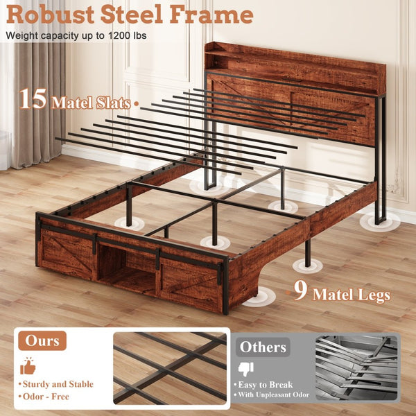 English Elm Full Upholstered Platform Bed with Led Lighting Storage Headboard and Charging Station W5026P429526
