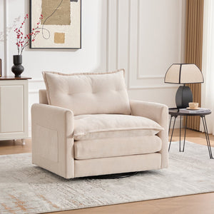 English Elm UNITED Swivel Barrel Chair with Chenille Upholstery, 360° Smooth Rotation, Padded Arm Comfort and Side Pockets for Living Room Relaxation Beige W1568P290083