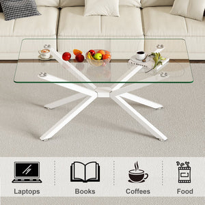 English Elm 39.37" Rectangle Clear Glass Coffee Table With White Metal Legs - Modern Design For Stylish Living Rooms W241P227980