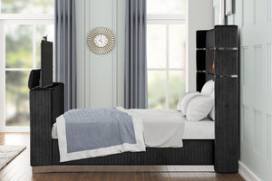 English Elm Lavish King Bed With Elegant Black Upholstery, Fireplace Headboard & Tv Stand For Modern Bedrooms B009S01928