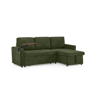 English Elm Modern Chenille Sofa Bed With Retractable Table, Led Lights, Usb Ports & Cup Holders – Green Comfort W1413S00097