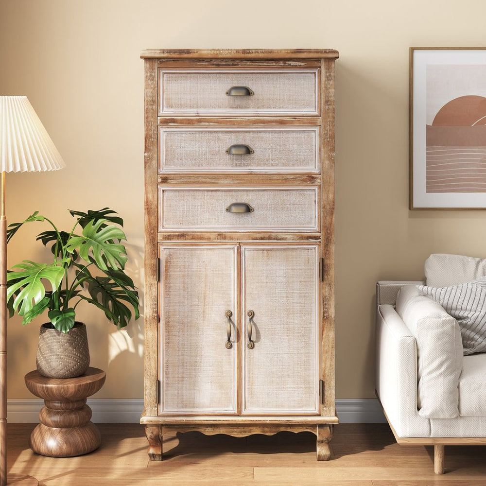 English Elm Rustic Farmhouse Tall Narrow Wood Cabinet Distressed Finish Cutout Door Drawers Ancient White W2295P457178