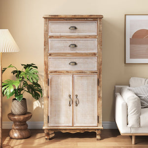 English Elm Rustic Farmhouse Tall Narrow Wood Cabinet Distressed Finish Cutout Door Drawers Ancient White W2295P457178