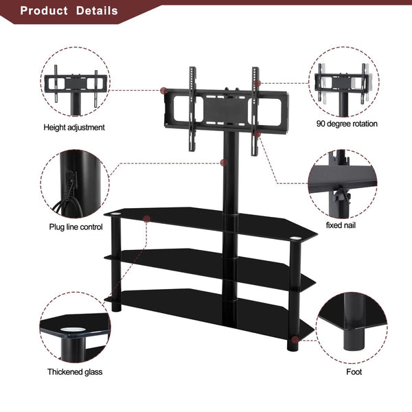 English Elm Black Tempered Glass Three Tier Tv Stand with Swivel Mount for Modern Living Rooms W24105047