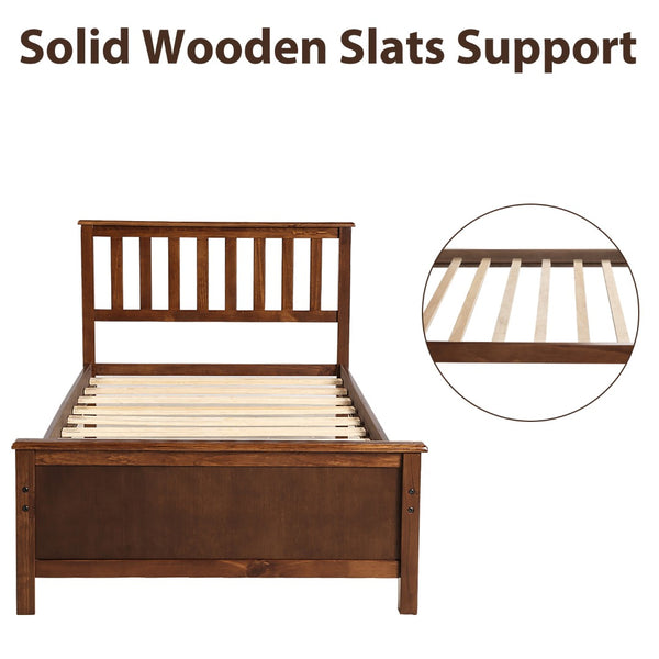 English Elm Twin Pine Wood Platform Bed Walnut Finish Panel Headboard Slat Support No Box Spring WF191769AAD