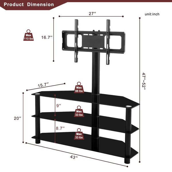 English Elm Black Tempered Glass Three Tier Tv Stand with Swivel Mount for Modern Living Rooms W24105047