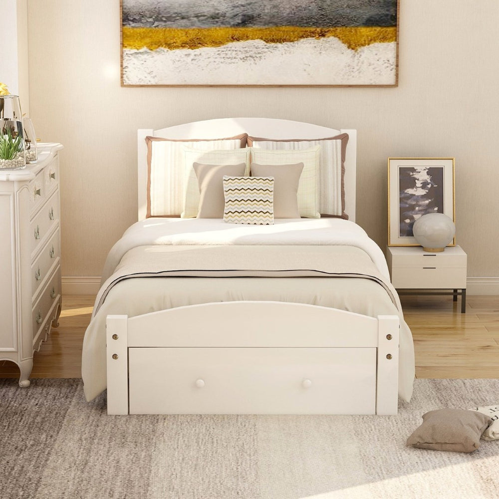 English Elm Platform Twin Bed with Storage Drawer Curved Headboard Pine Wood Cottage Style WF191655AAK