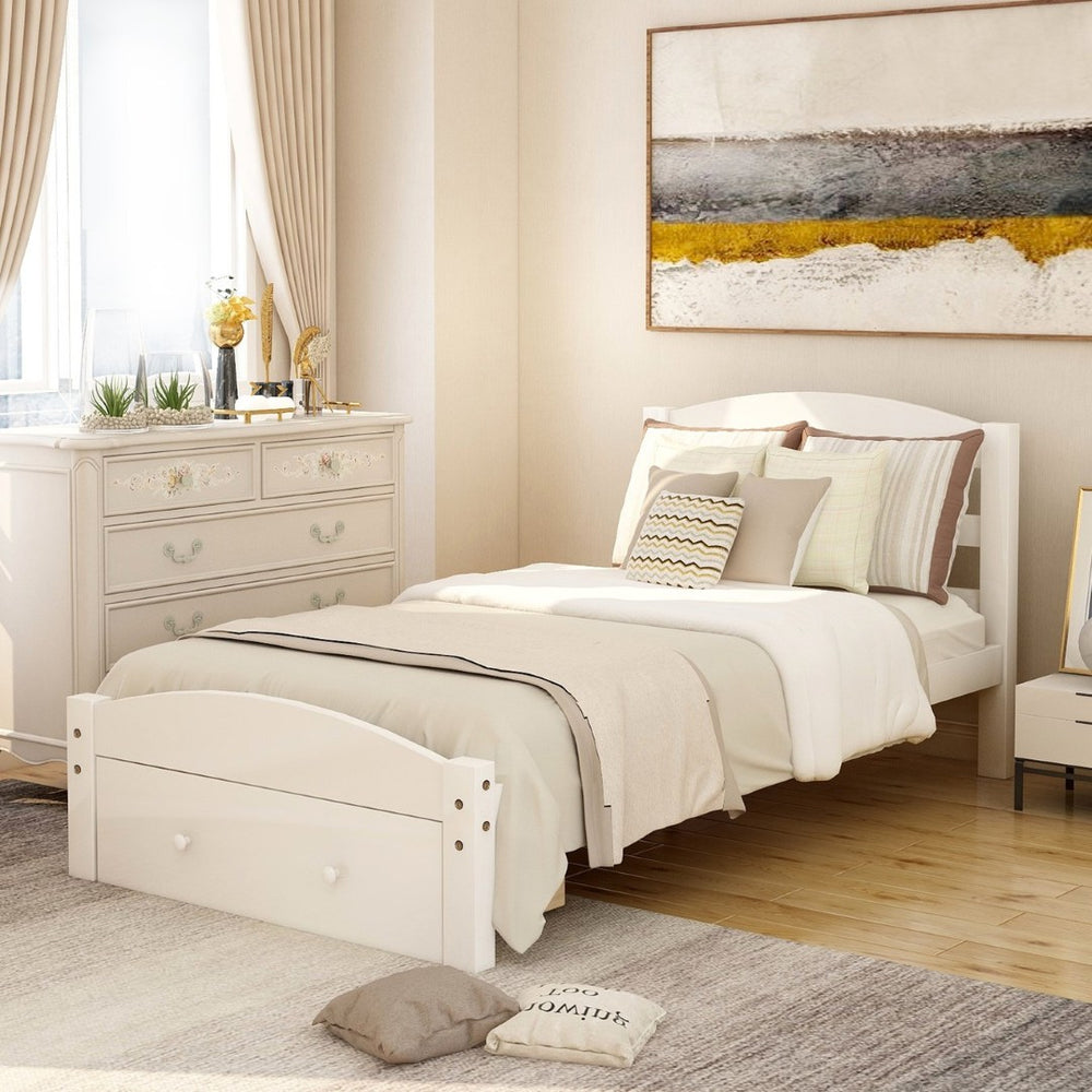 English Elm Platform Twin Bed with Storage Drawer Curved Headboard Pine Wood Cottage Style WF191655AAK