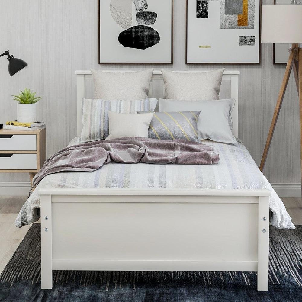 English Elm Twin Pine Wood Platform Bed Walnut Finish Panel Headboard Slat Support No Box Spring WF191769AAK