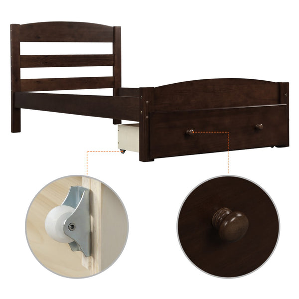 English Elm Platform Twin Bed Espresso Wood Frame with Storage Drawer and Slat Support WF191655AAP