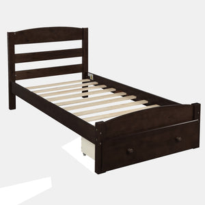 English Elm Platform Twin Bed Espresso Wood Frame with Storage Drawer and Slat Support WF191655AAP