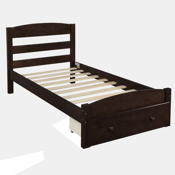 English Elm Platform Twin Bed Espresso Wood Frame with Storage Drawer and Slat Support WF191655AAP