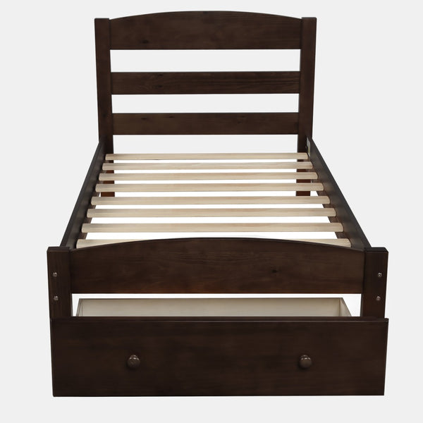 English Elm Platform Twin Bed Espresso Wood Frame with Storage Drawer and Slat Support WF191655AAP