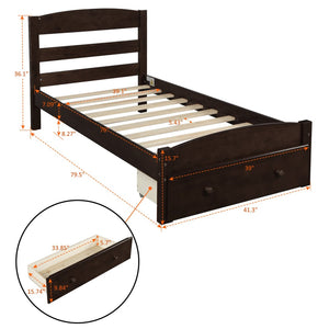 English Elm Platform Twin Bed Espresso Wood Frame with Storage Drawer and Slat Support WF191655AAP