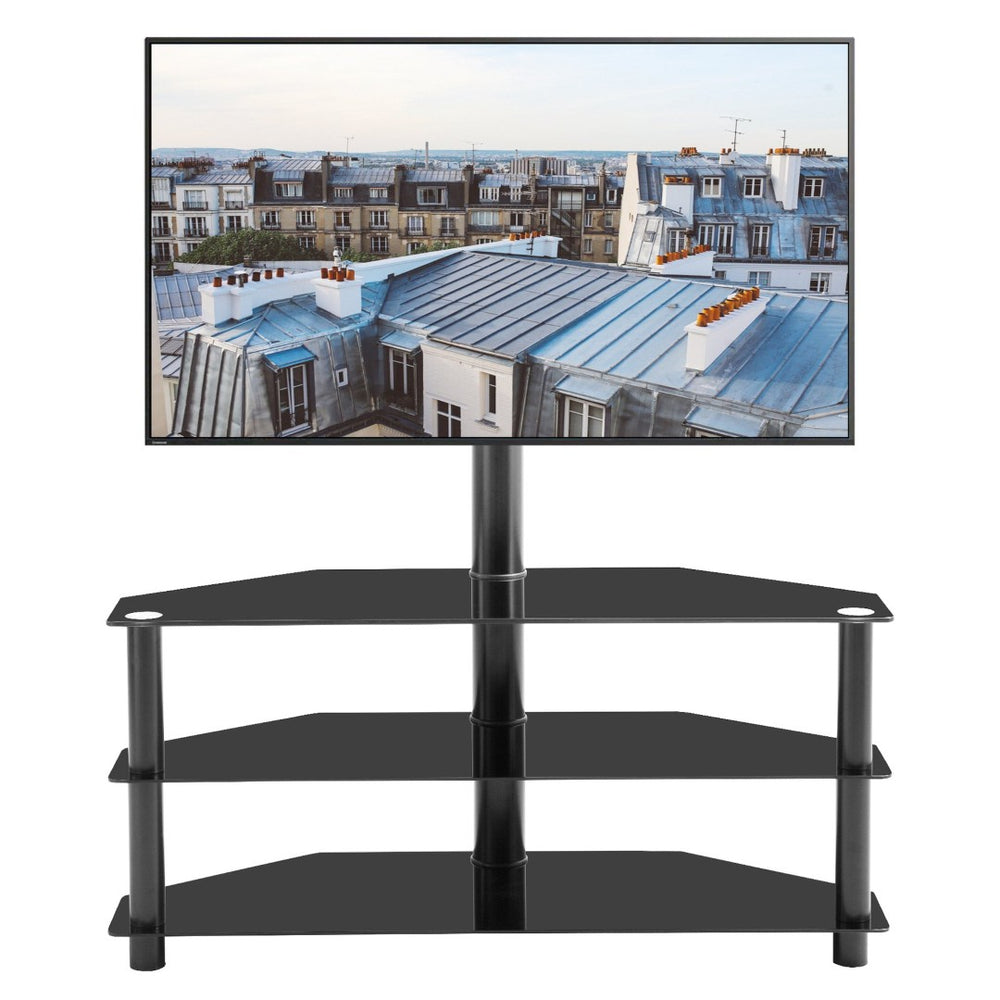 English Elm Black Tempered Glass Three Tier Tv Stand with Swivel Mount for Modern Living Rooms W24105047