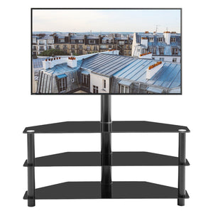 English Elm Black Tempered Glass Three Tier Tv Stand with Swivel Mount for Modern Living Rooms W24105047