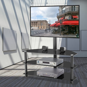 English Elm Black Tempered Glass Three Tier Tv Stand with Swivel Mount for Modern Living Rooms W24105047