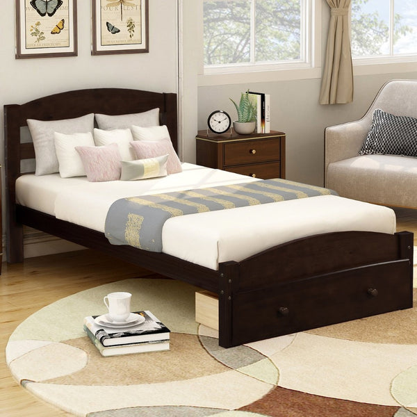English Elm Platform Twin Bed Espresso Wood Frame with Storage Drawer and Slat Support WF191655AAP