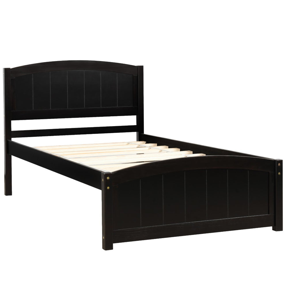 English Elm Wood Twin Platform Bed Solid Pine Frame Walnut Finish with Headboard and Slat Support WF190781AAP