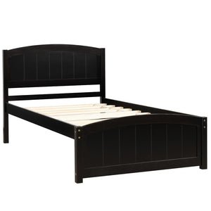 English Elm Wood Twin Platform Bed Solid Pine Frame Walnut Finish with Headboard and Slat Support WF190781AAP