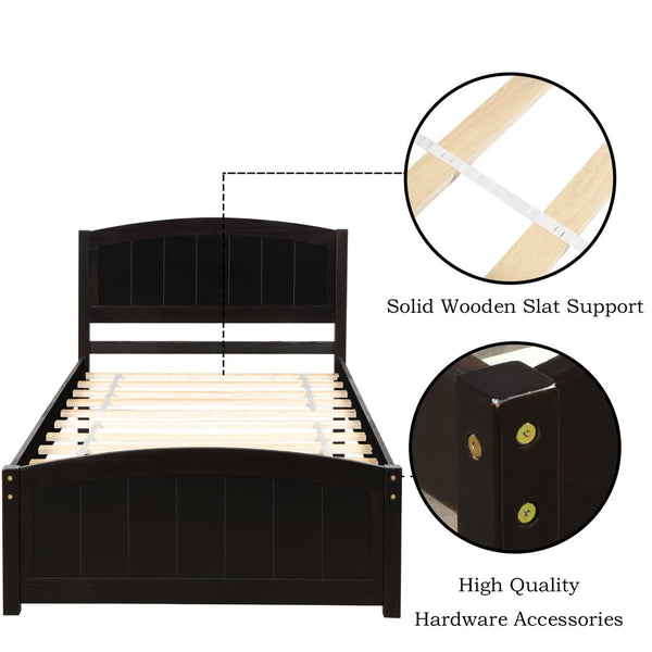 English Elm Wood Twin Platform Bed Solid Pine Frame Walnut Finish with Headboard and Slat Support WF190781AAP