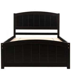 English Elm Wood Twin Platform Bed Solid Pine Frame Walnut Finish with Headboard and Slat Support WF190781AAP