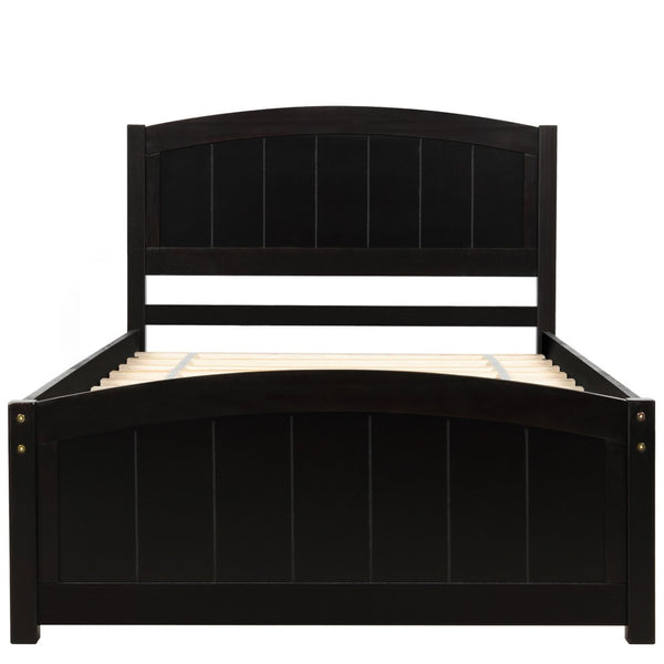 English Elm Wood Twin Platform Bed Solid Pine Frame Walnut Finish with Headboard and Slat Support WF190781AAP