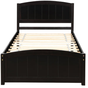 English Elm Wood Twin Platform Bed Solid Pine Frame Walnut Finish with Headboard and Slat Support WF190781AAP