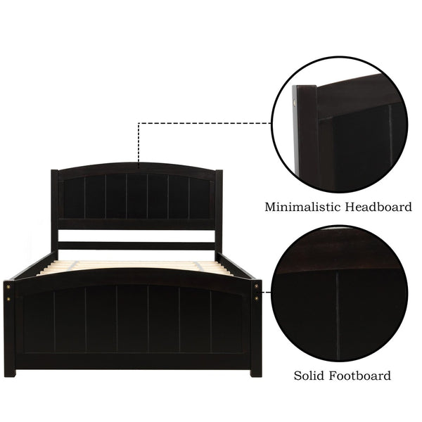 English Elm Wood Twin Platform Bed Solid Pine Frame Walnut Finish with Headboard and Slat Support WF190781AAP