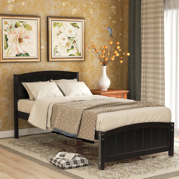 English Elm Wood Twin Platform Bed Solid Pine Frame Walnut Finish with Headboard and Slat Support WF190781AAP