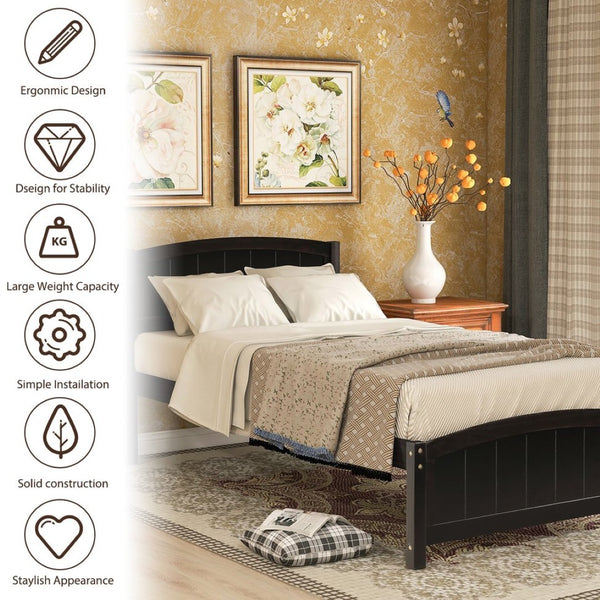 English Elm Wood Twin Platform Bed Solid Pine Frame Walnut Finish with Headboard and Slat Support WF190781AAP