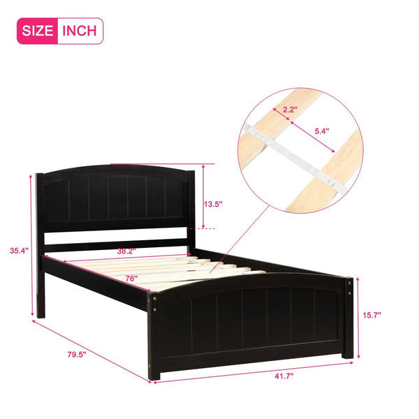 English Elm Wood Twin Platform Bed Solid Pine Frame Walnut Finish with Headboard and Slat Support WF190781AAP
