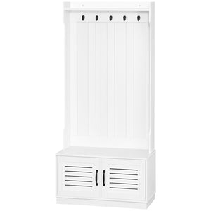 English Elm HOMCOM Modern Entryway Hall Tree with Shoe Bench, 5 Hooks, Slatted Cabinet & Shelf — White W2225P229395