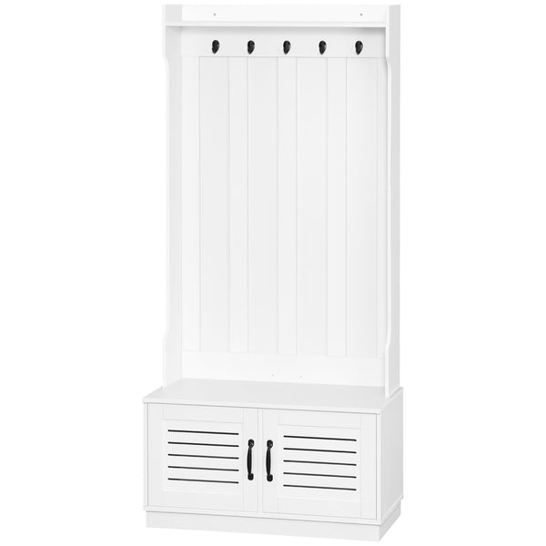 English Elm HOMCOM Modern Entryway Hall Tree with Shoe Bench, 5 Hooks, Slatted Cabinet & Shelf — White W2225P229395